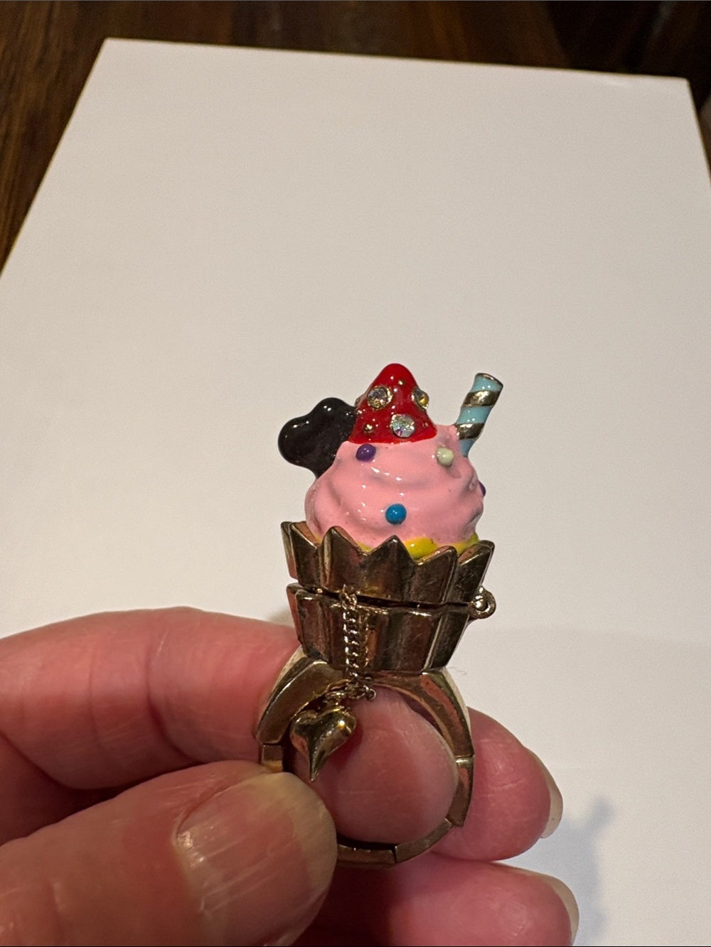 Betsey Johnson Pink Ice Cream Cone Ring with Red Cherry & Blue Straw